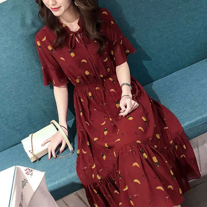 Summer V-Neck Stylish Drawstring Midi Dress Elegant A-Line Waist Female Clothing Casual Printed Elegant Ruffles Spliced Dresses