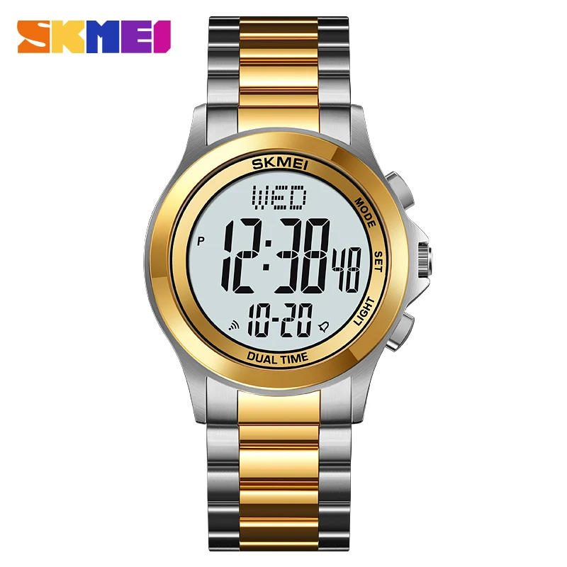 SKMEI Stainless Steel Digital Watch Fashion Men\'s Wristwatch Countdown Stopwatch 2Time Waterproof Free Shipping