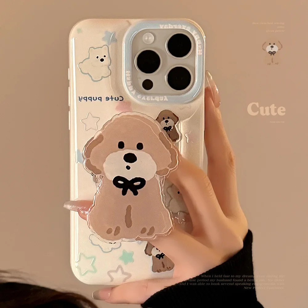 Koreanische süße Sterne Cartoon Welpen Halterung weiche Handyhülle für iPhone 16 15 14 13 12 11 Pro Max XS XR X stoßfeste Schutzhülle