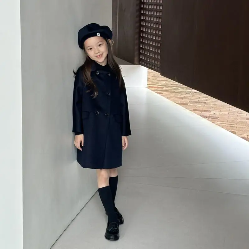 Girls' Winter Woolen Coat Autumn New Style Children's High-End British Style Mid-Length Double-Breasted Tweed Jacket
