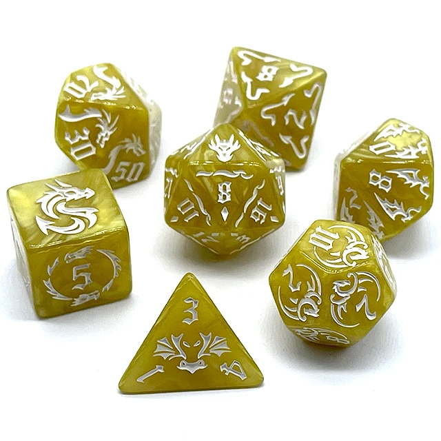 7Pcs Yellow Swirl Acrylic DND Dice Set White Embossed Dragon Pattern Polyhedral RPG Dice For Tabletop Role Playing Board Game Ac
