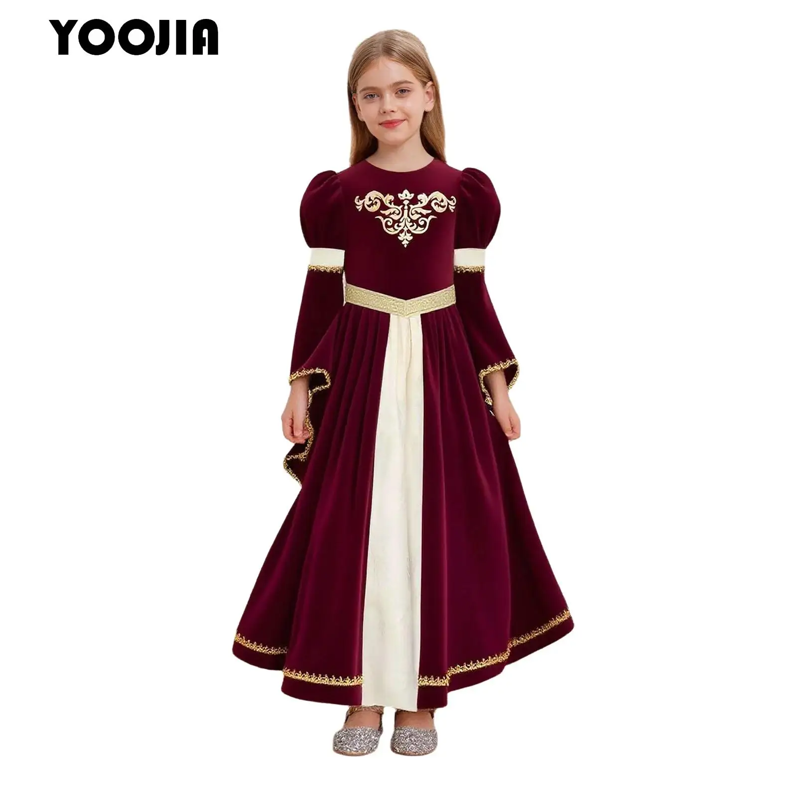 

Girls Medieval Renaissance Princess Costume Soft Velvet Long Dress Halloween Cosplay Bell Sleeve Vintage Victorian Gown Dress