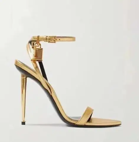 

Carpaton 2024 Summer Open Toe High Heel Sandals Gold Leather Padlock Ankle Strap Dress Shoes Women High Heels Black White