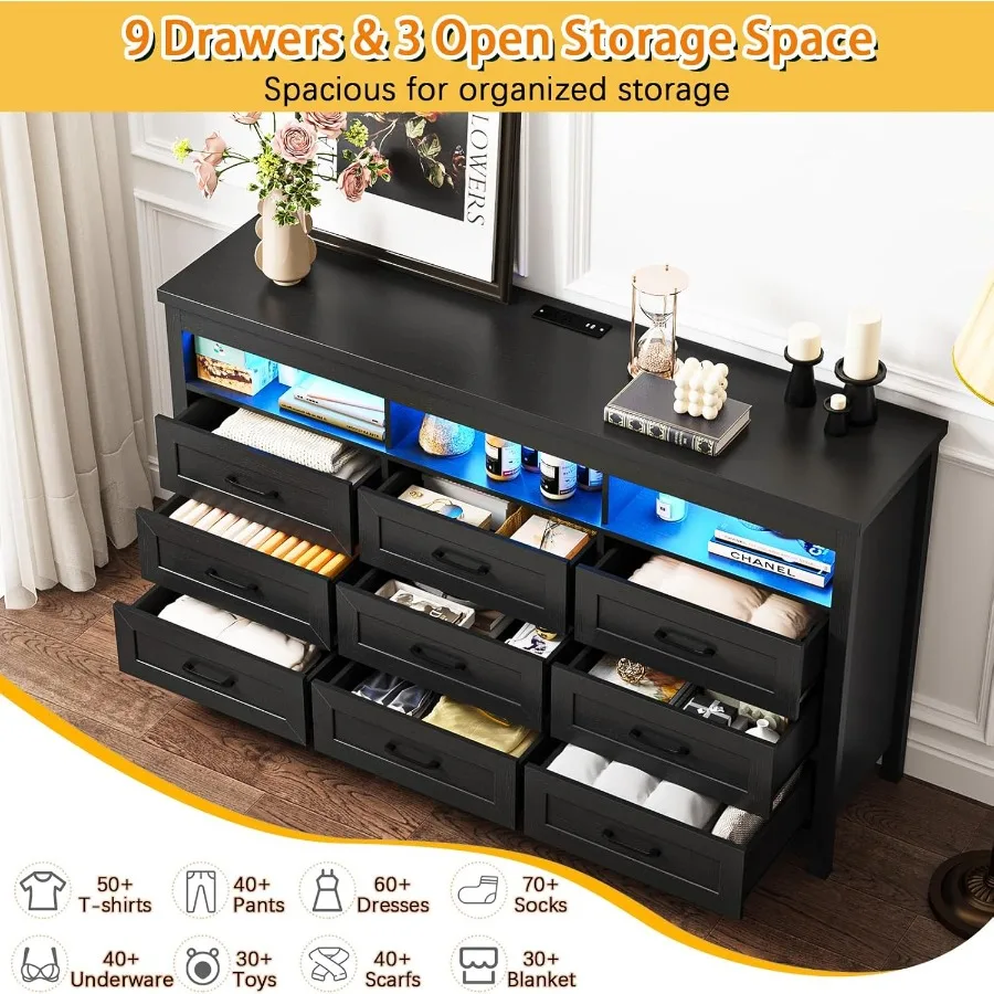خزانة مزرعة حديثة ذات 9 أدراج مع أضواء LED مدمجة 63 خزانة تخزين كبيرة واسعة لغرفة النوم وغرفة المعيشة والممر المثالي #3