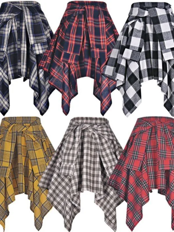 

Женская клетчатая юбка миди с эластичной талией, асимметричная, в стиле стрит-дэнс, спортивная, с узлом, для больших размеров