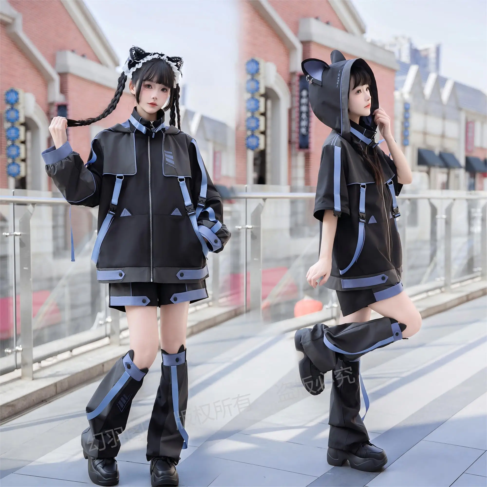Japanese Subculture Waterproof Interchange Jacket Sets Cute Cat Ears Hooded Detachable Sleeve Cardigans Coat Women Shorts Pants