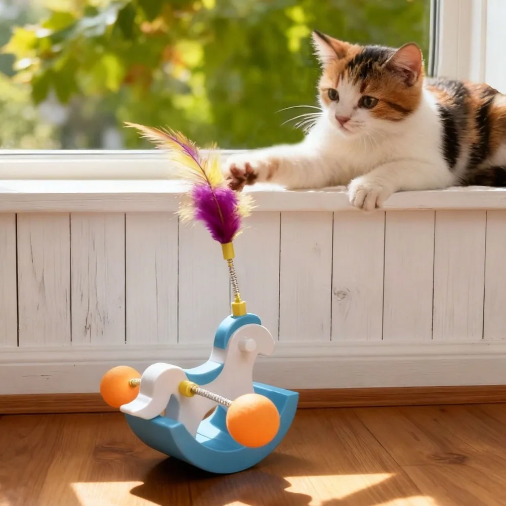 Self-Righting Rocking Horse Shaped Cat Toy Dynamic Shaking Plastic Feather Teasing Cat Toy Balance Toy Interactive Cat Toy