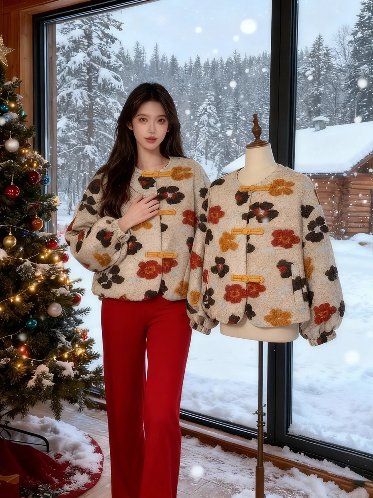 

Korean Retro Floral 3D round Ne ort Jaet Faionable Small Fraance Sle Versatile Slimming Top for Women Winter 2025