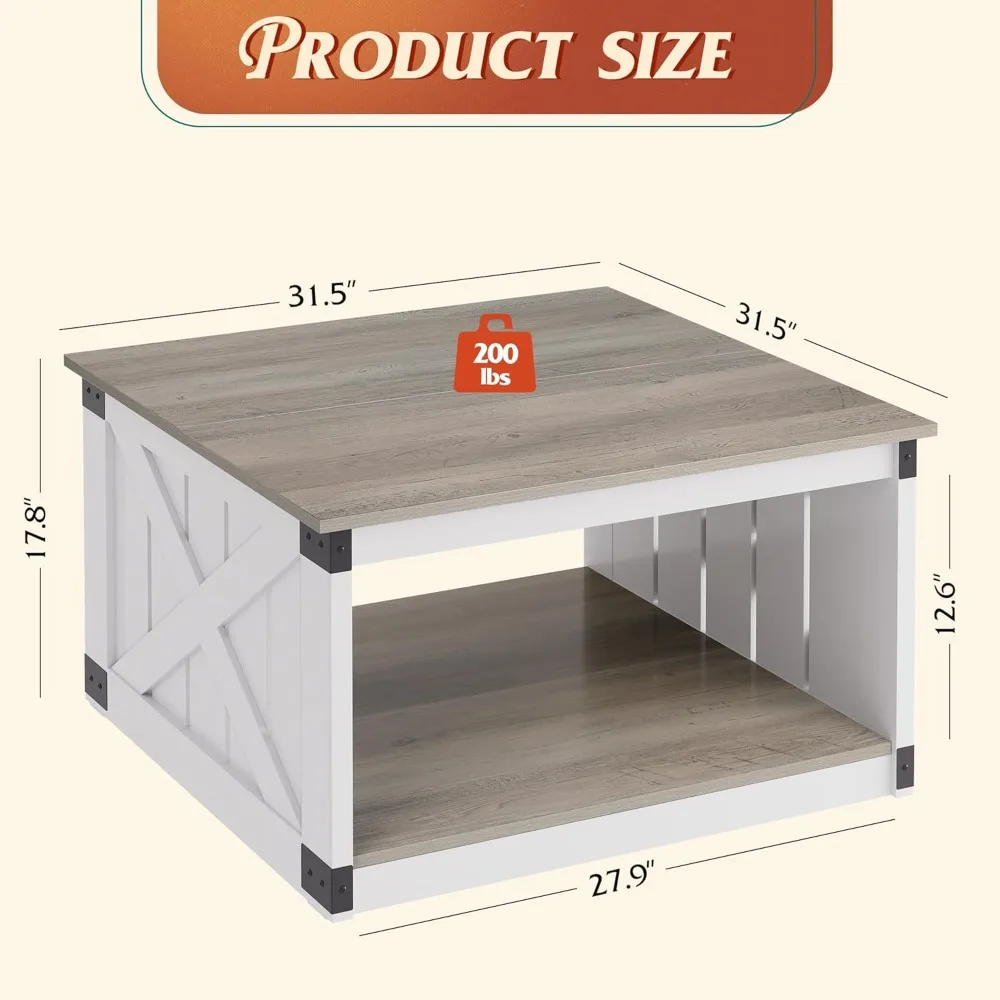 Farmhouse Coffee Table for Living Room, 31.5" Square Wood Coffee Table with Storage, 2-Tier Rustic Center Table with Sturdy X-F