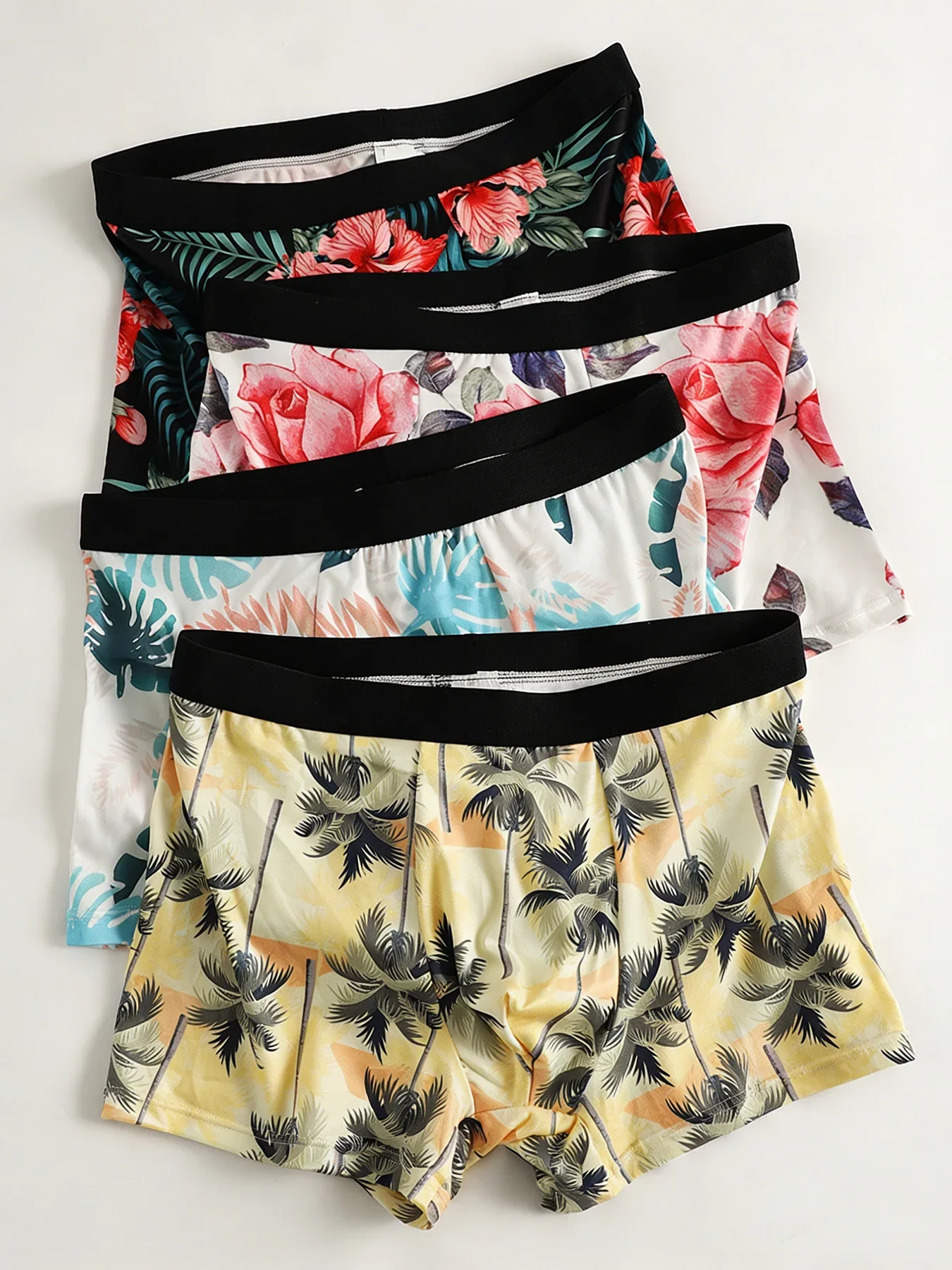 4-piece set of 4-color combination men's tropical style printed boxer briefs, floral, trendy and breathable four-corner pants