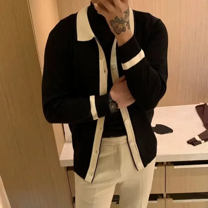 

Autumn and Winter Lapel Knitted Cardigan Men's Korean Style Simple Versatile Sweater Jacket Button Contrast Top