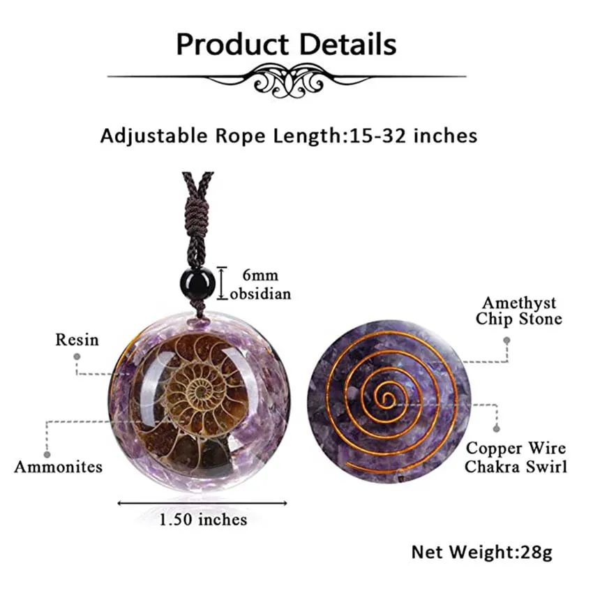 Natural Healing  7 Chakra Crystal Quartz Stone Pendant Necklace Adjustable Resin Ammonite Fossil Spiral Necklace Shield Jewelry