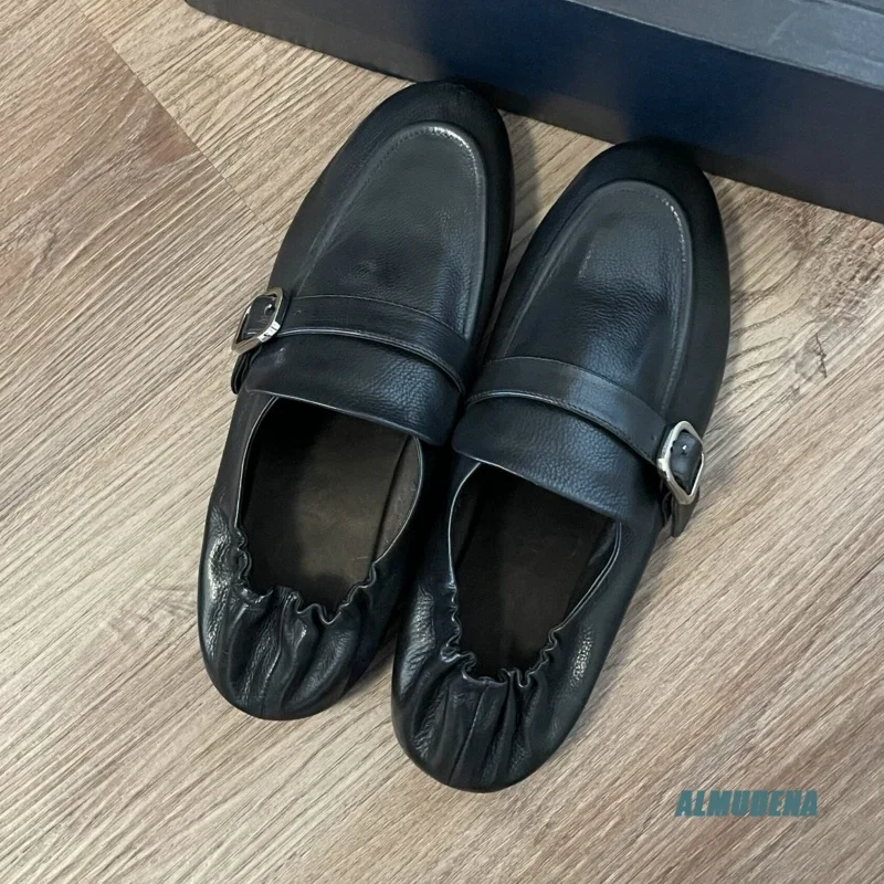 Black Ruched Slip-On Loafers with Buckle Strap Men's Round Toe Flat Casual Business Office Formal Dress Daily Comfort Shoes