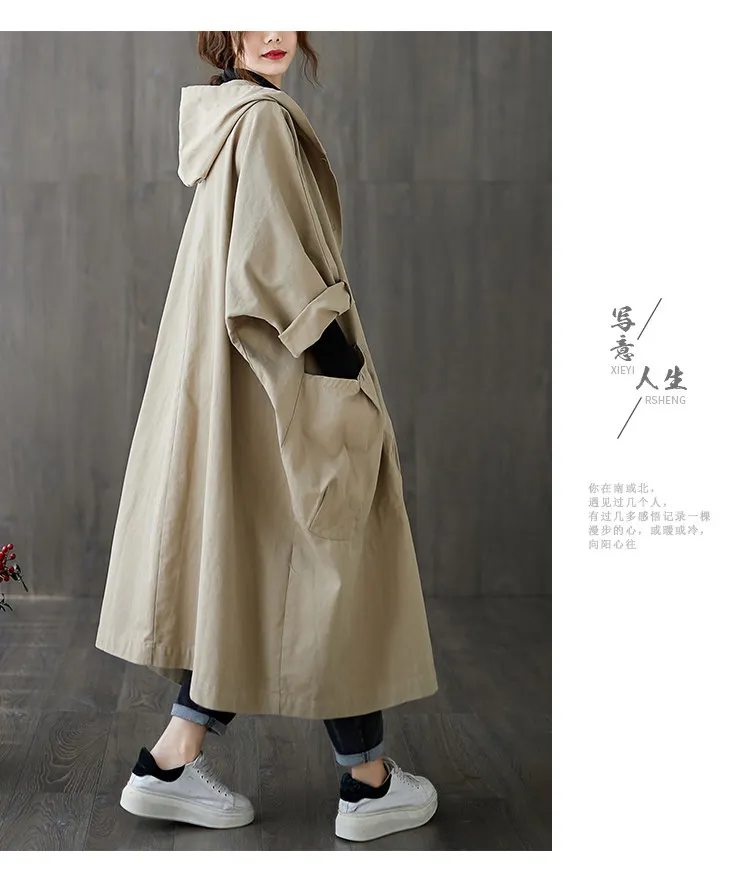 Lässiger, übergroßer, langer Damen-Trenchcoat mit großen Taschen, knielang, mit Kapuze, winddicht, warm, mit Knöpfen, Mädchen-Trenchcoat – Detail 5