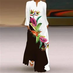 Spring And Autumn Women's Fashion Peacock Feathers Print Long Sleeved Dress Elegant Woman Small V-neck Pocket Casual Long Dress