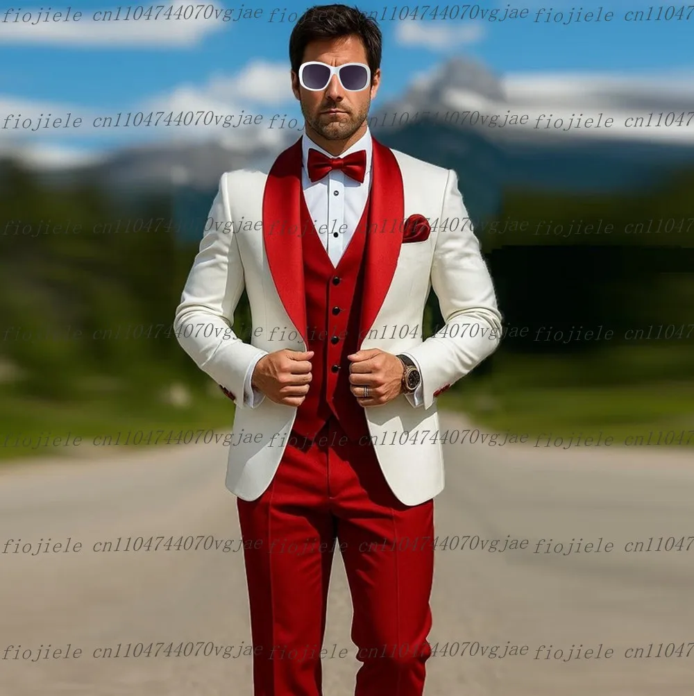 

Новый белый и красный мужской костюм для официальной свадьбы, жениха, деловые мужские смокинги по индивидуальному заказу, комплект из трех предметов, куртка, жилет, брюки