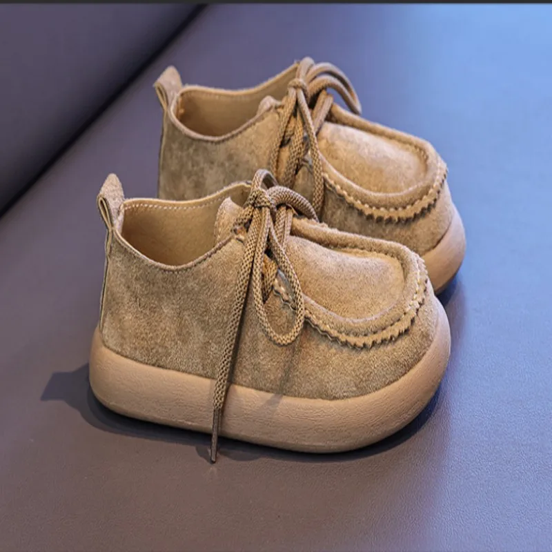 Boys' khaki camel leather shoes 2026 new autumn children's non slip casual shoes girls baby versatile fashionable flatshoes27-37