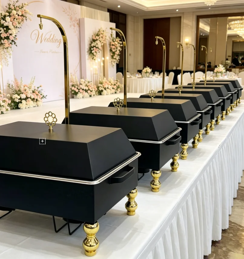 Rectangle Food Warmer Buffet Heating Warmers Catering Alcohol Thermo Pans Golden 6L 50-70℃ Stainless Steel With Lid Cookware Bar