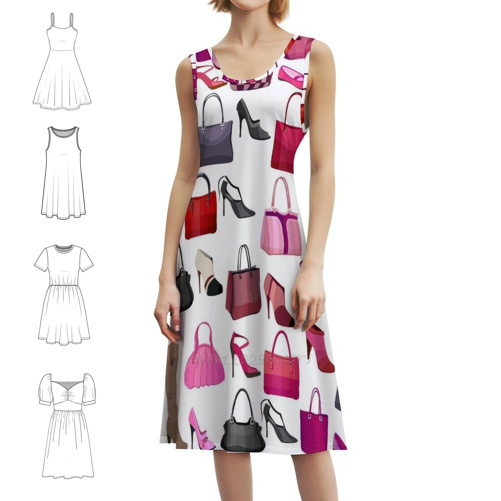 

Бесшовный узор с женскими сумками и обувью. Шикарное платье в стиле бохо, элегантное модное пляжное свадебное платье с векторным узором в стиле клипса
