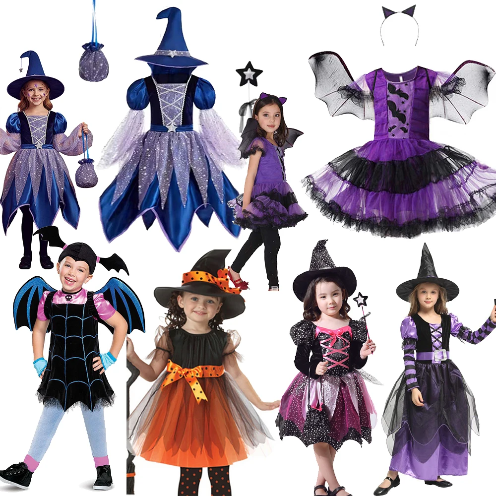 Kinder Mädchen Hexen-Cosplay-Kleid Fledermaus-Zauberer-Hut-Outfit Halloween Karneval Party Gruseliges Fancy Tutu-Kostüm für Kinder