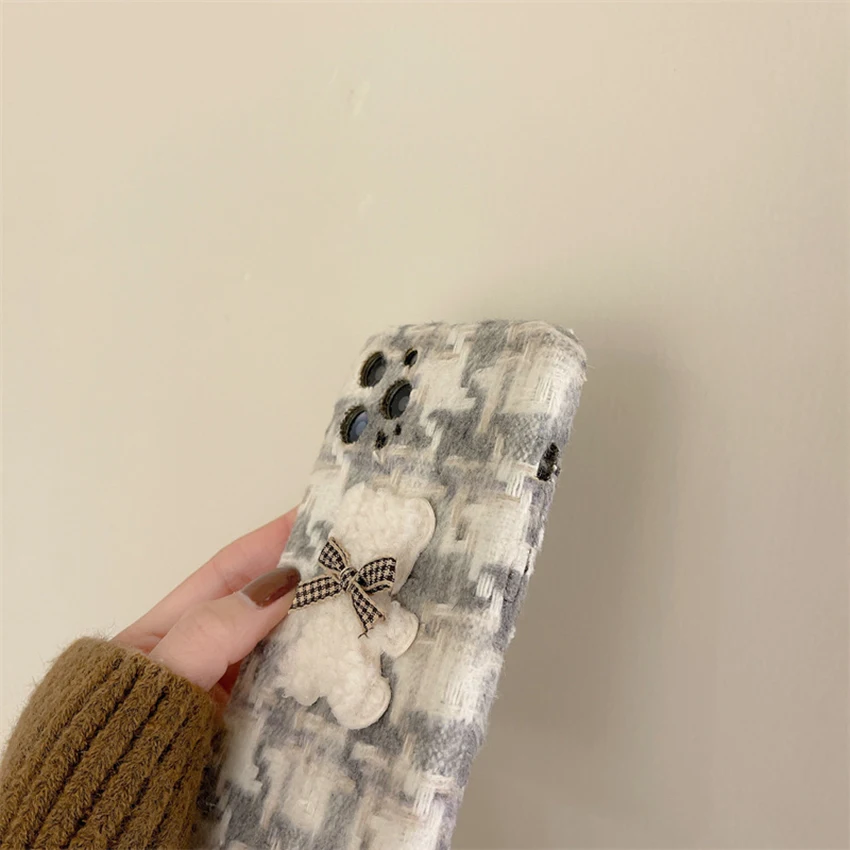 아이폰 16 15 14 13 Pro 12 11 Max Plus용 플러시 폰 케이스, 만화 곰 16Pro 폰 케이스, 체크 무늬 15Pro 커버, 귀여운 Xs 쉘