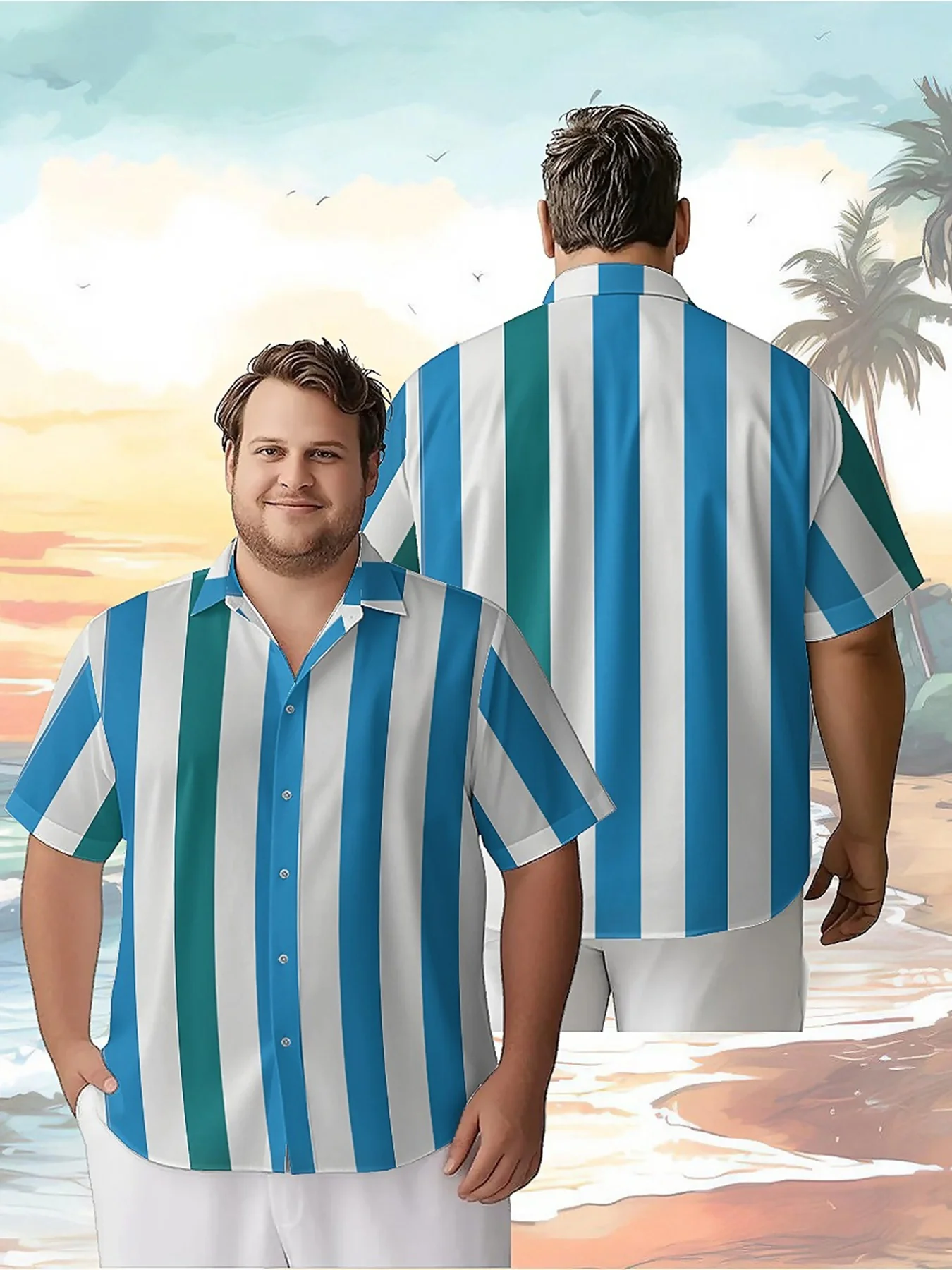 

Men's Plus Size Hawaiian Shirts Blue and Green Stripes Pattern,Unisex Baggy Aloha Shirts,summer Alternative Clothing