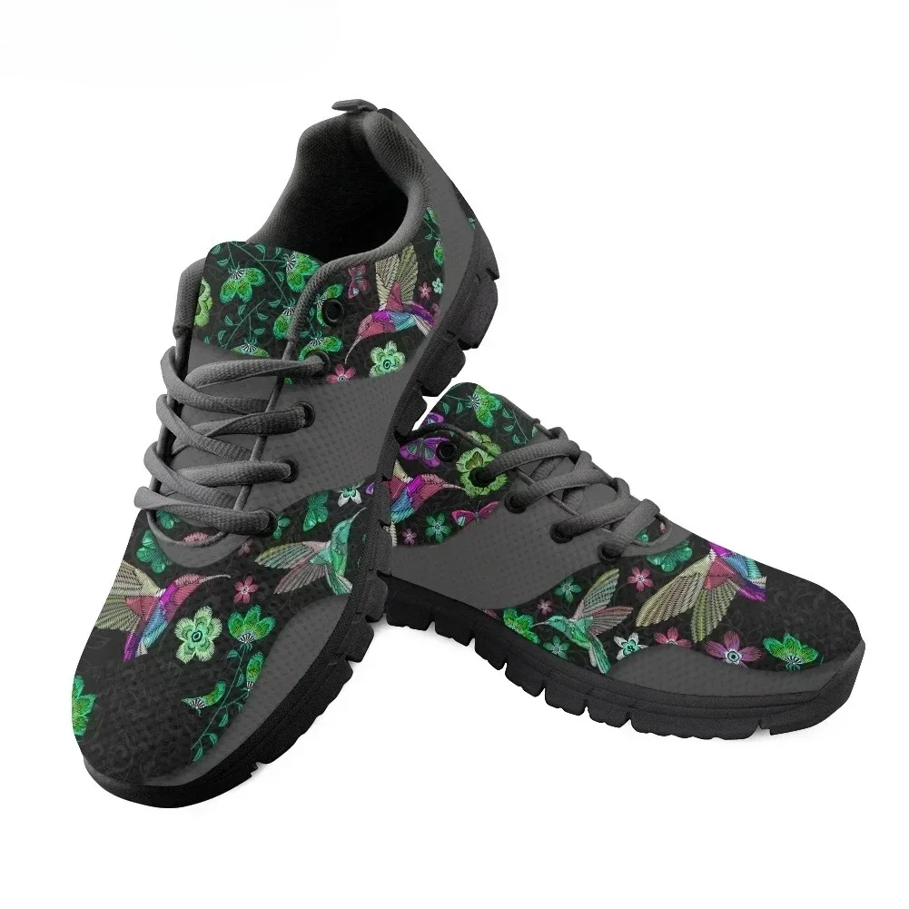 

Women's Lightweight Soft Mesh Sneakers Pretty Dark Flower And Hummingbird Print Female Flat Shoes Lace Up Zapatos