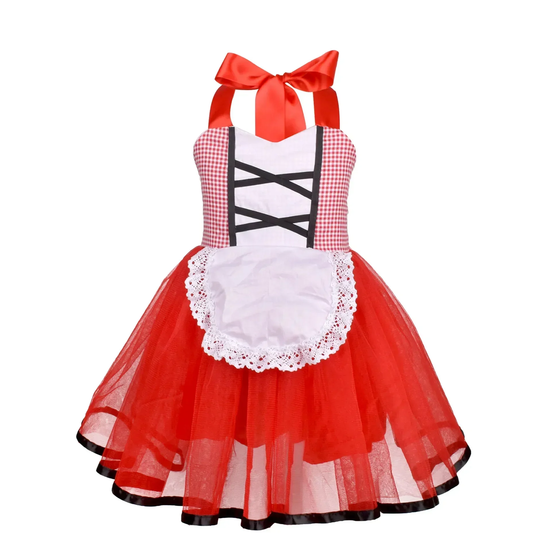 Mädchen Märchenkostüm mit Kapuze, rotem Umhang, Netz-Tutu-Kleid, weißer Schürze, Kinder-Halloween-Karnevalskostüm – Detail 5