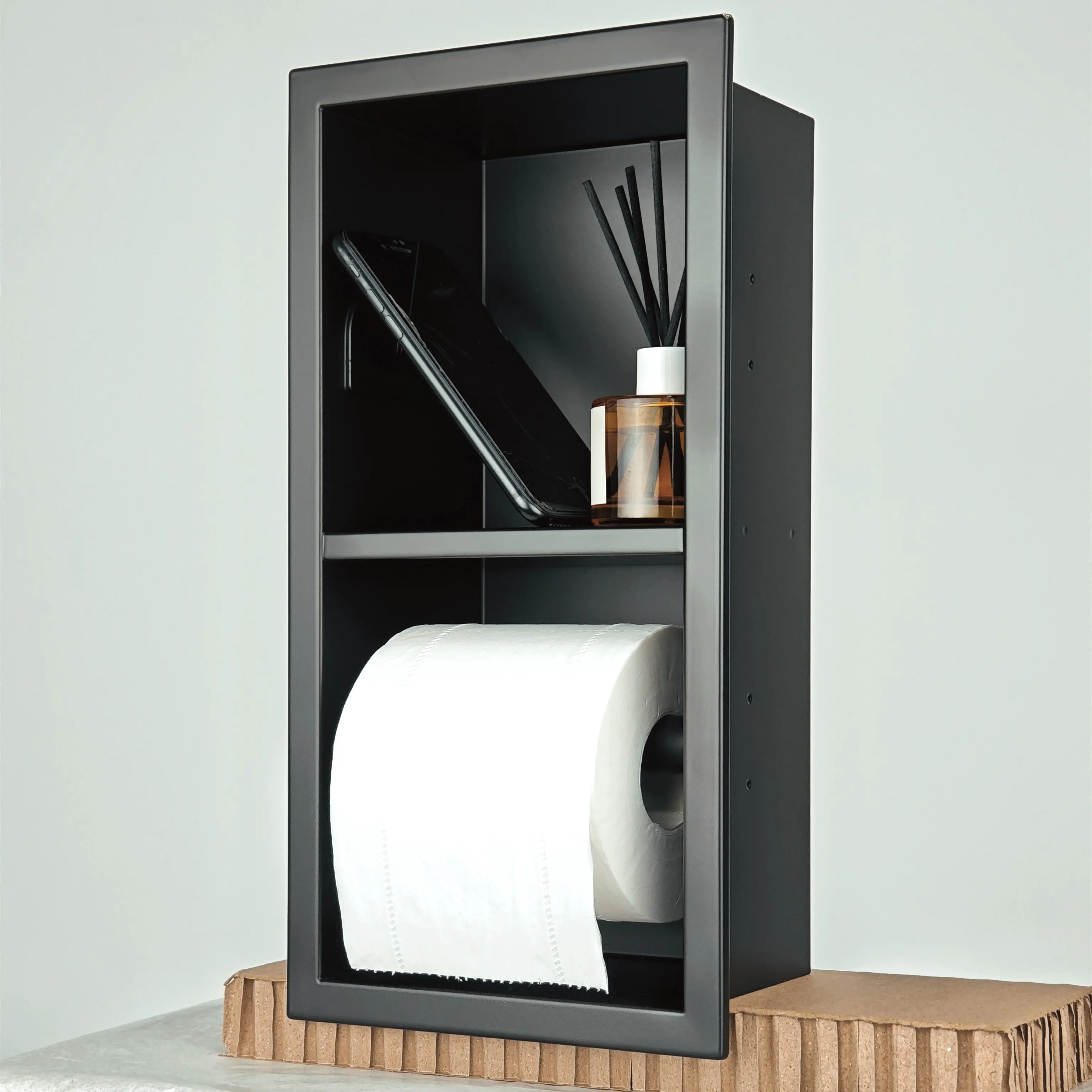 Modern design 304 stainless steel toilet paper roll door black recessed tissue box storage niche SUS304 bathroom accessories