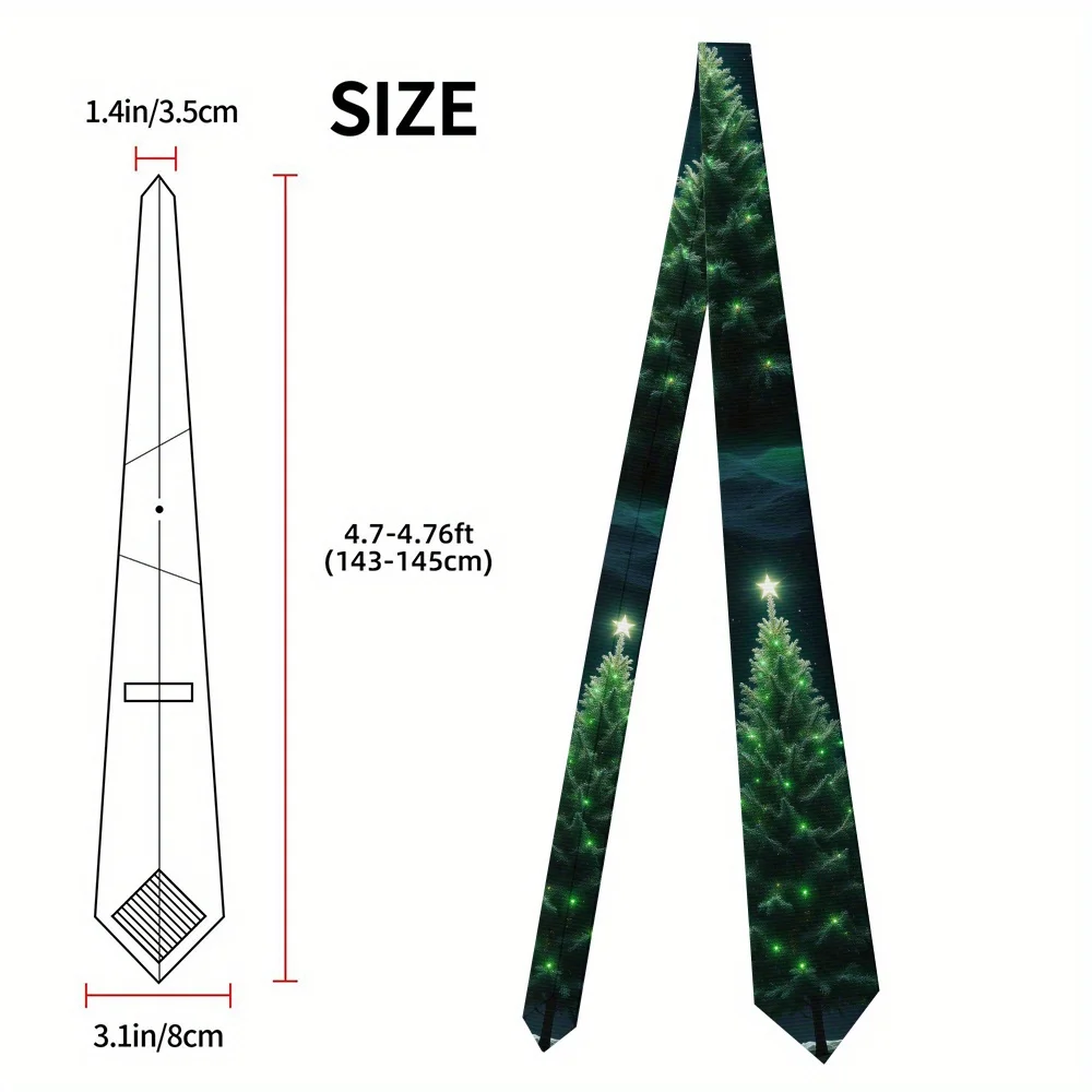 1pc, Christmas Green Tree Night Snow Pattern Fun Christmas Tie for Men Polyester Printed Tie Washable
