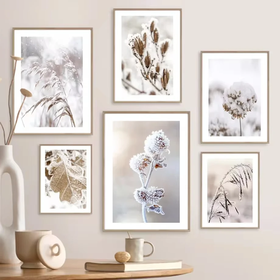 Winter Snow Reed Dandelion Leaves Wall Art Oil Painting Nordic Posters and Prints Living Room Bedroom Decoration Wall Painting