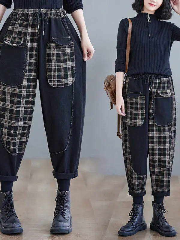 الرجعية المرقعة الدنيم سراويل تقليدية المرأة عالية الخصر مرونة الخصر منقوشة هارلان السراويل الطويلة الخريف جديد Sle ارتداء مقاومة