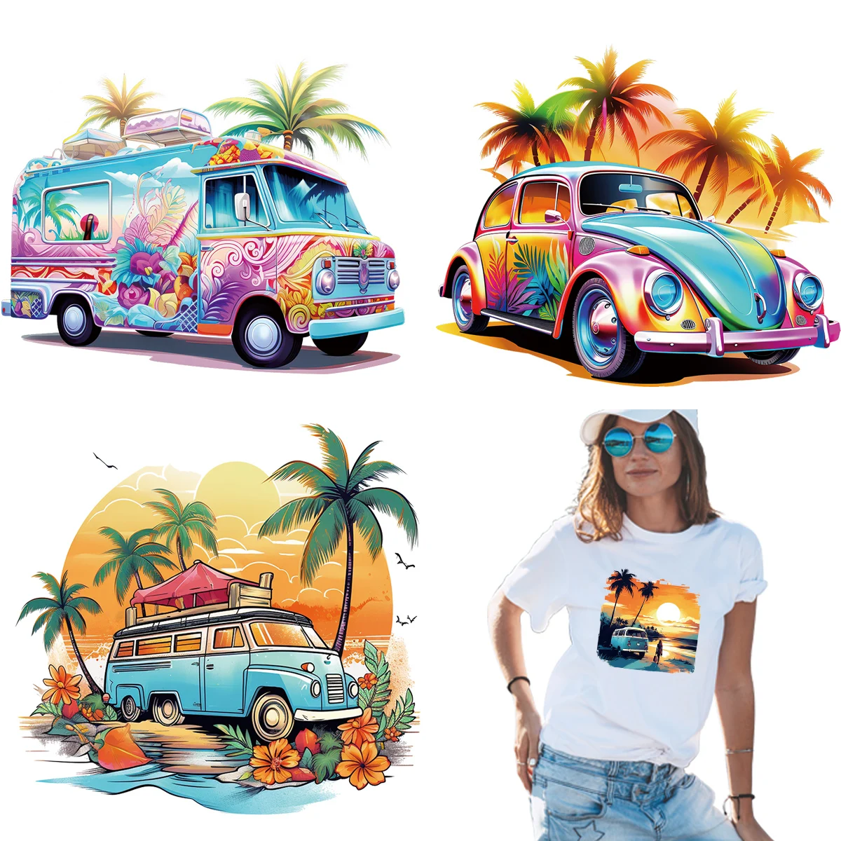 Summer Cars Patches On Clothes Thermal Press Palm Trees Diy Accessory Clothes Decoration Print On T-Shirt New Iron Appliques