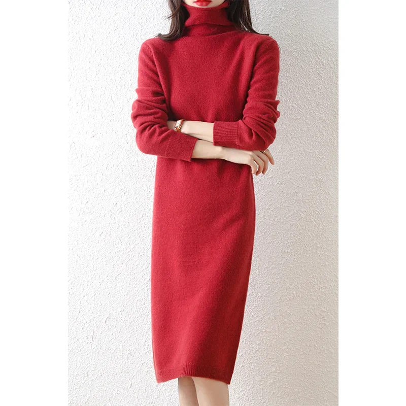 Autumn Winter 100% Wool Thicken Sweater  Long Dress Warm Basic Knit Pullover Women Slim Dress Solid Color Casual Dresses