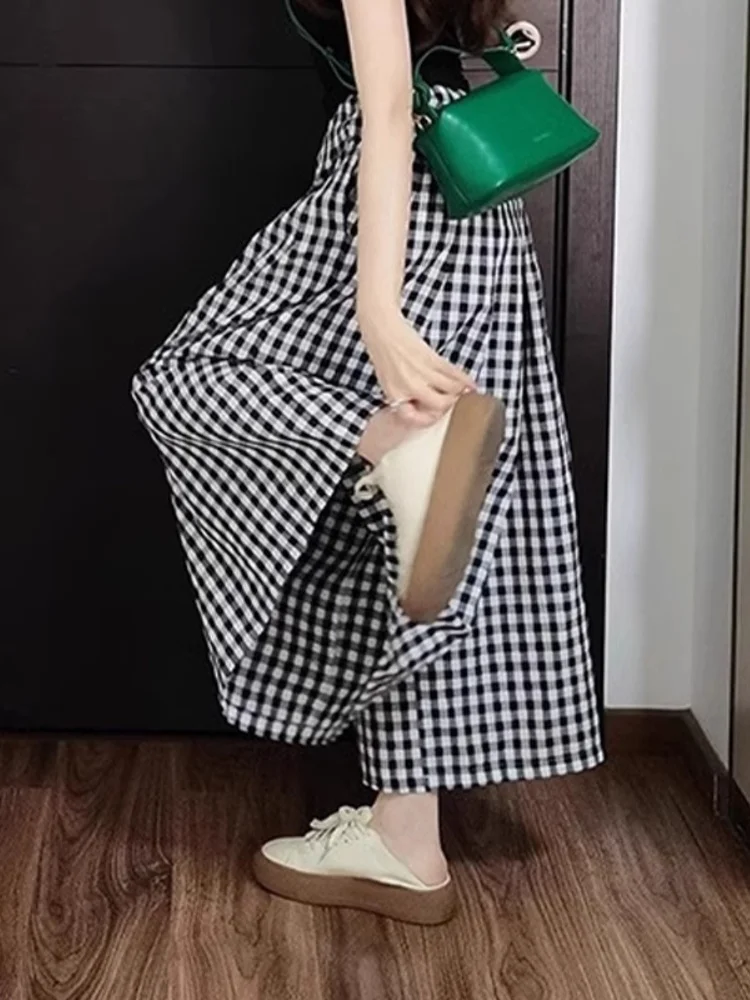 

Laid-back Plaid Wide Leg Pants Women's Summer High Waist Elastic Waist Loose A-line Maxi Skirt Pants Casual Korean Style