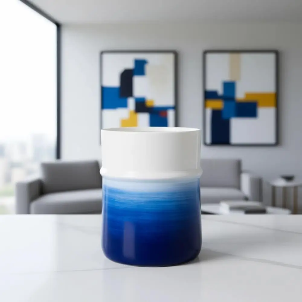 

Hand-Painted Navy Blue Round Small Wastebasket for Home Offices, Kitchens, and Bathrooms