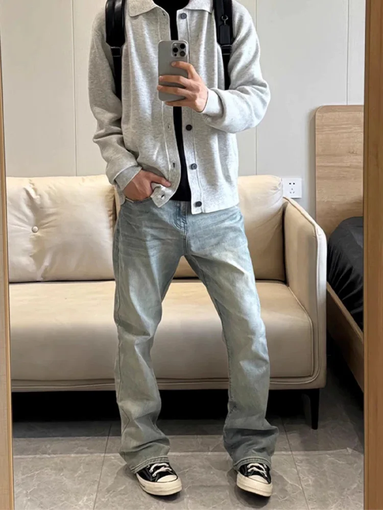 Vintage Daily Casual Men Striped Texture Knitted Cardigan Turn-down Collar Button Fashion Solid Color Warm Autumn Outerwear Men