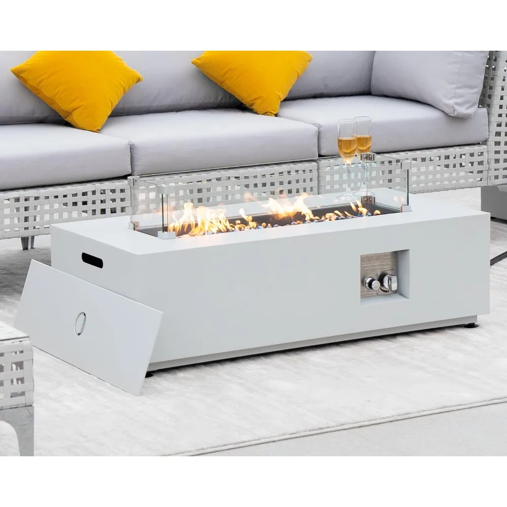 Mesa moderna para fogueira retangular de 42 polegadas com base de tanque, aquecedor de pátio de perfil baixo, 50.000 BTU