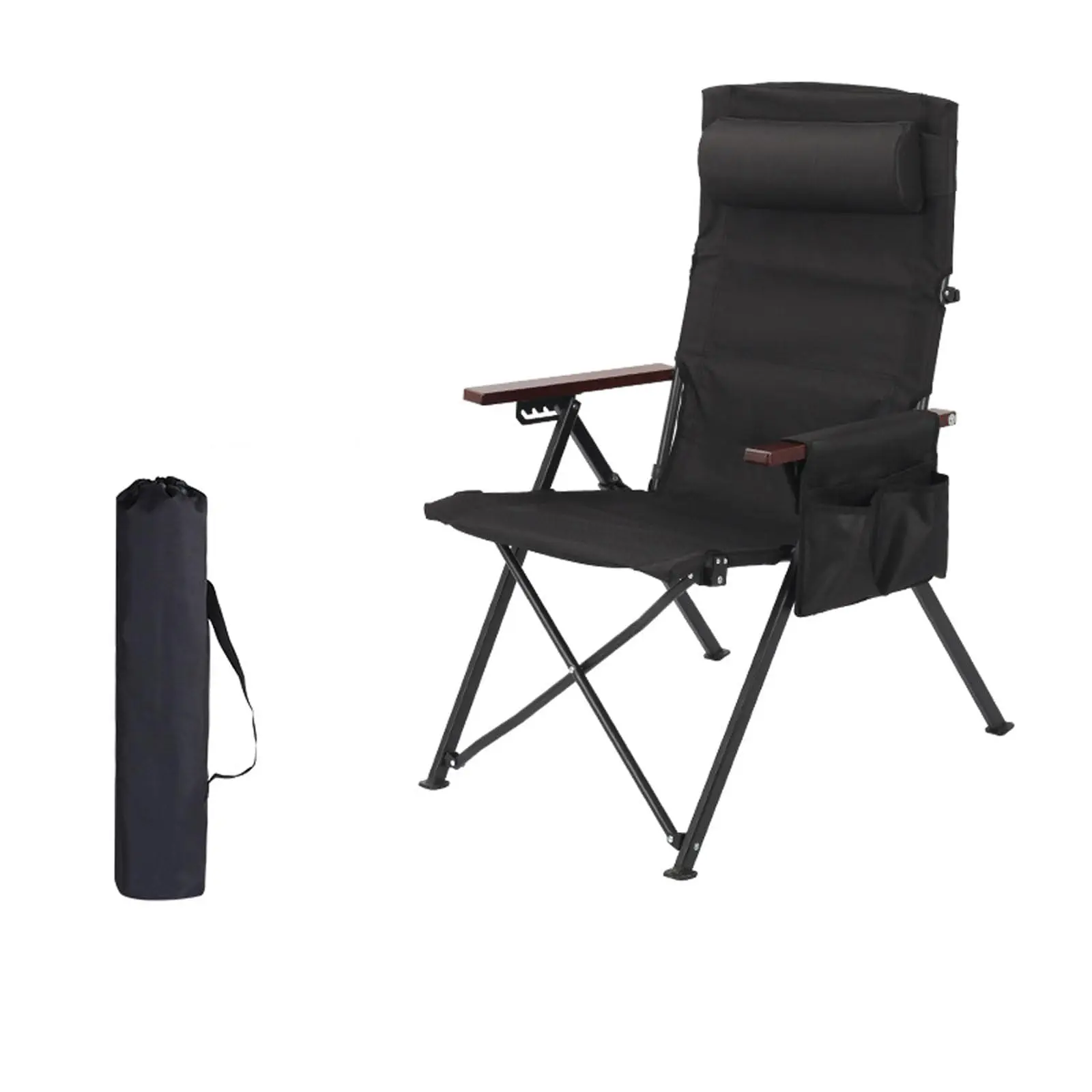 

Folding Camping Chair Lightweight Portable Outdoor with Wooden Armrests Carry Strap Beach Patio Garden