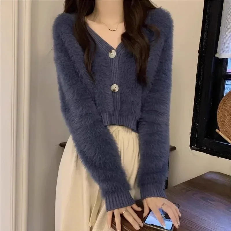 Sweet Fluffy Cardigans for Women Tender Korean Style Cropped Sweaters Feminine Autumn Winter Knit Stylish Chic V-neck Outerwear