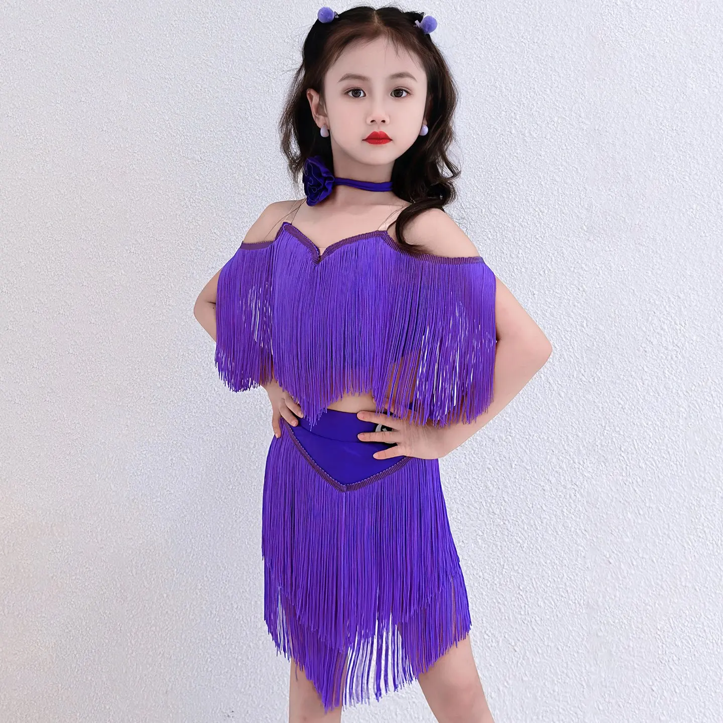 紫色のフリンジスーツ女の子ラテンダンスタッセル服子供チャチャラテンダンスパフォーマンス衣装ステージ着用 SL13279