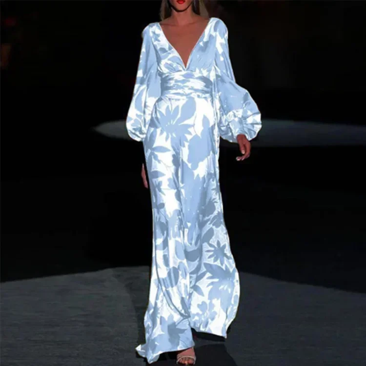 Spring Autumn New Dress Geometry Printed Vintage Elegant V Neck Fashion Leisure Gathering Women Slim Long Dresses Vestidos Robes