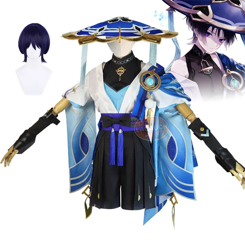 Game Genshin Impact Scaramouche Cosplay Genshin lmpact Scaramouche Wanderer Costume Hat Wig Men Women Kimono Set Halloween Suit