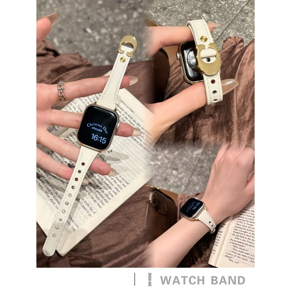 Compatible with  Watch 42mm 44mm 45mm 49mm Leather Horseshoe Double Rivet Buckle Replacement Strap for Women