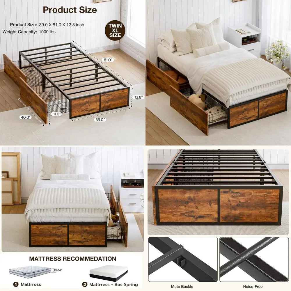 

Металлическая кровать Twin XL с 2 ящиками для хранения XL-размера, не требует пружинного блока, простая сборка, экономия места, деревянная.