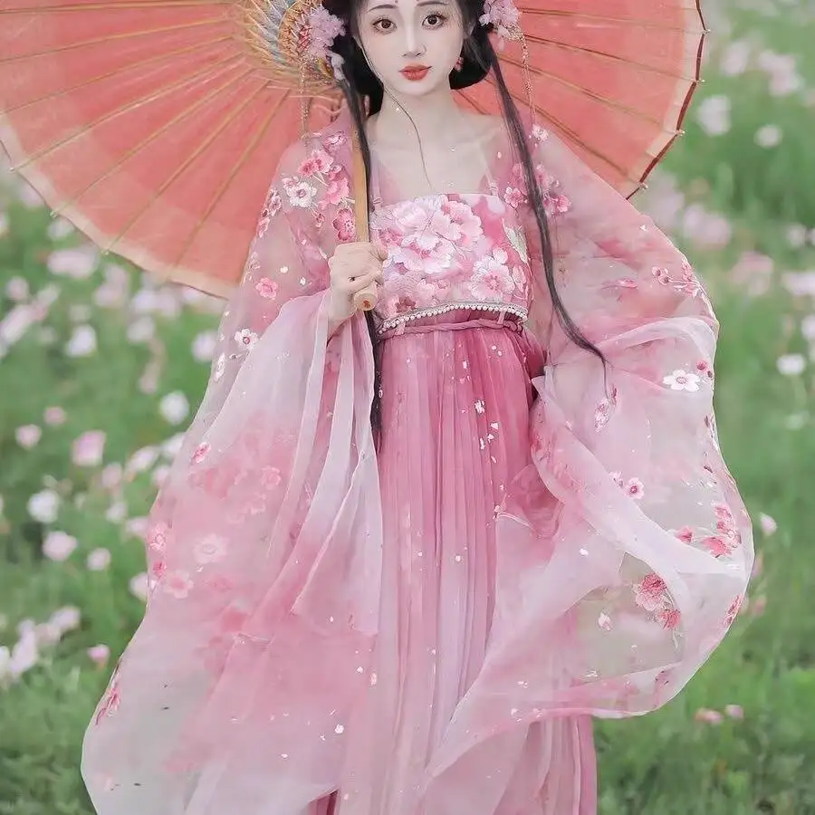 Begonia Still Cherry Blossom Heavy Embroidery Hezi Style Pink Hanfu Super Fairy Gradient Flowing Tang Dynasty Chest-Length Set