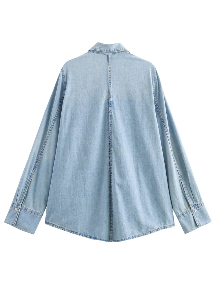 KAOPU ZA Women back slit denim shirt vintage lapel-neck long drop-shoulder sleeves button-up female outerwear chic tops