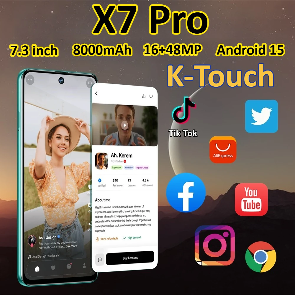 Smartphone K-Touch X7 Pro, Telefono Cellulare Android 15, Schermo da 7,3 Pollici, Sblocco Facciale, Batteria da 8000mAh, 5G, Dual SIM, Fotocamera 16+48MP, Versione Globale