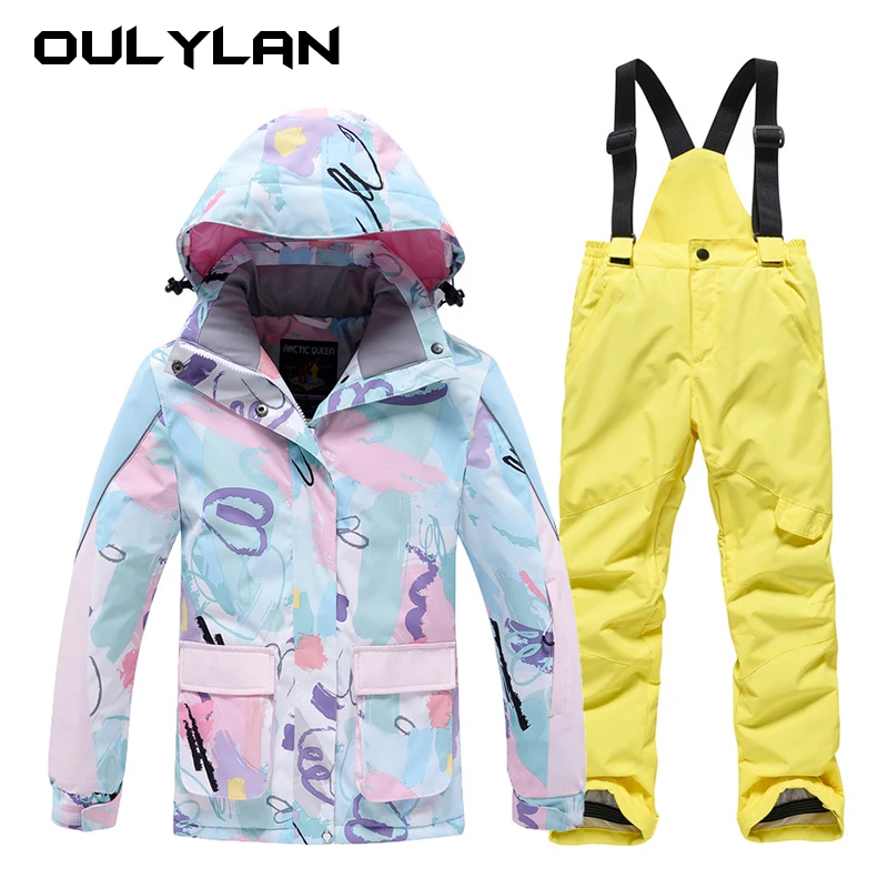 Colors Children's Snow Suit Wear Outdoor Waterproof Warm Costume Winter Snowboarding Skiing Jackets + Strap Pants Boys and Girls