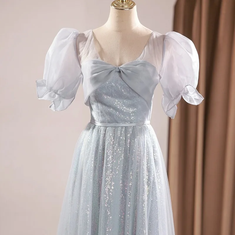 

Women Simple Bridesmaid Dresses Square Collar Sequins Long Dress Sister Group Wedding Party Gown Formal Occasion Vestido